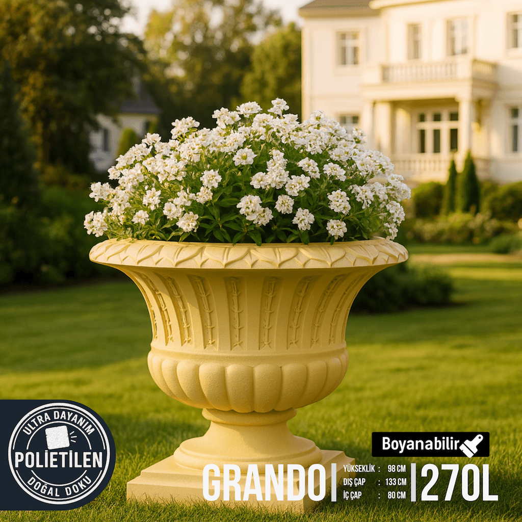 GRANDO Lüks Dış Mekan Saksı | Klasik Doğal Doku Bahçe ve Villa Saksısı (133x98 cm – 270 Litre)